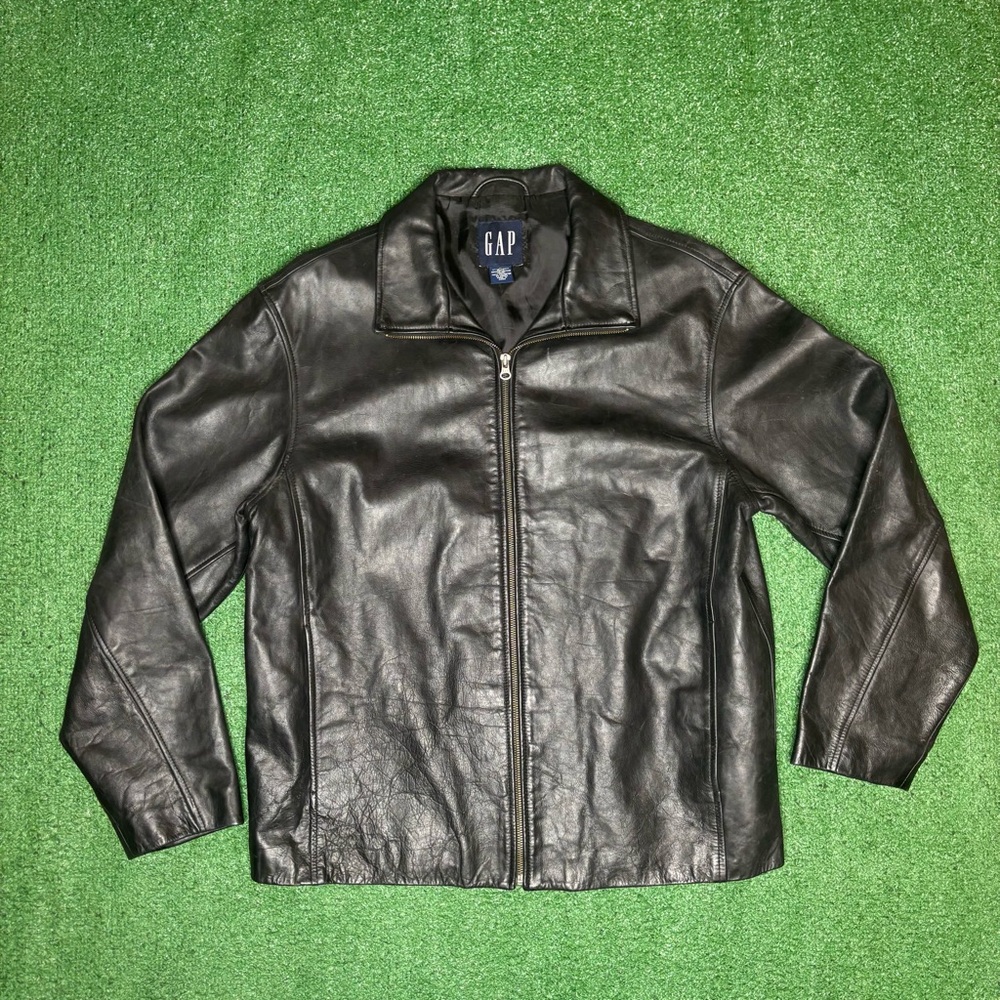 Y2K Vintage Gap Black Leather Jacket Mens Size Large 100% Genuine Leather
